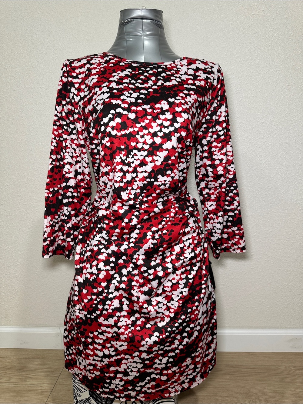 Celebrate Together Red Black & White Abstract Heart Print 3/4 Sleeve Dress